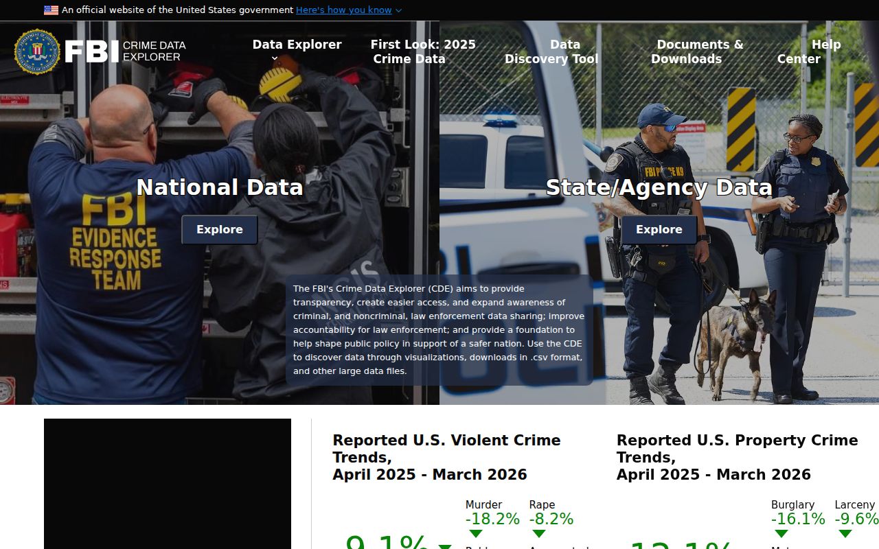 Official FBI Crime Data Explorer interface used for agency crime-data context